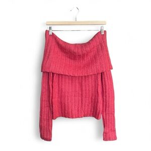 Off-Shoulder Mohair Sweater Pink Rib Knit Feminine Soft